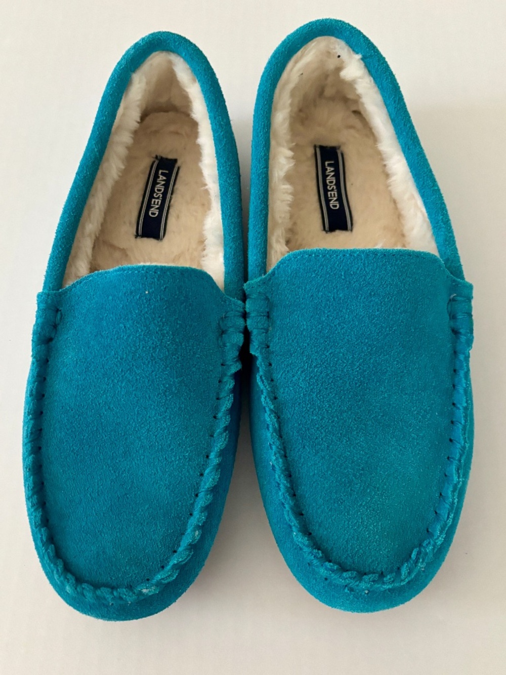 Lands’ End Bright Teal Suede Moccasin Slippers 8M